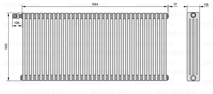 Схема (чертеж) Радиатор Zehnder Charleston 4150/34 №V012 Белый глянцевый RAL 9016